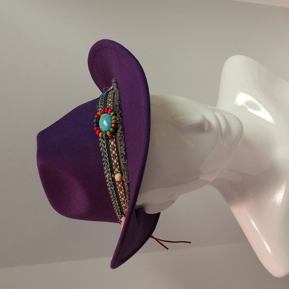 Unisex Western Cowboy Boho Hat Purple Faux Turquoise Stone with Ribbon Fringe